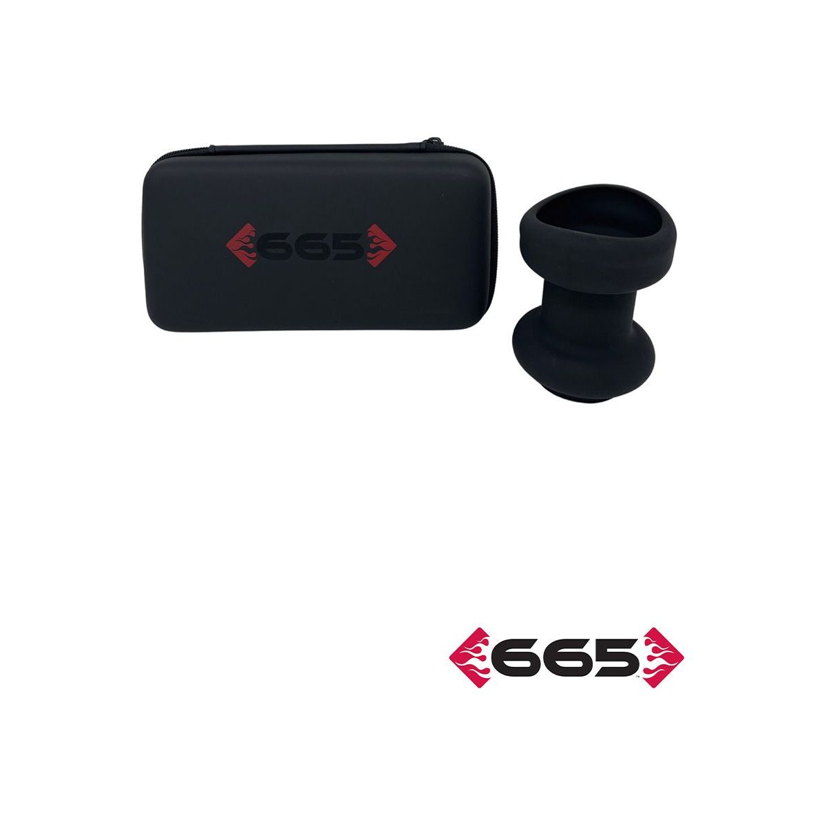 Black silicone anal funnel plug 2.0 and carrying case with 665 logo on a white background