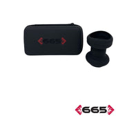 Black silicone anal funnel plug 2.0 and carrying case with 665 logo on a white background