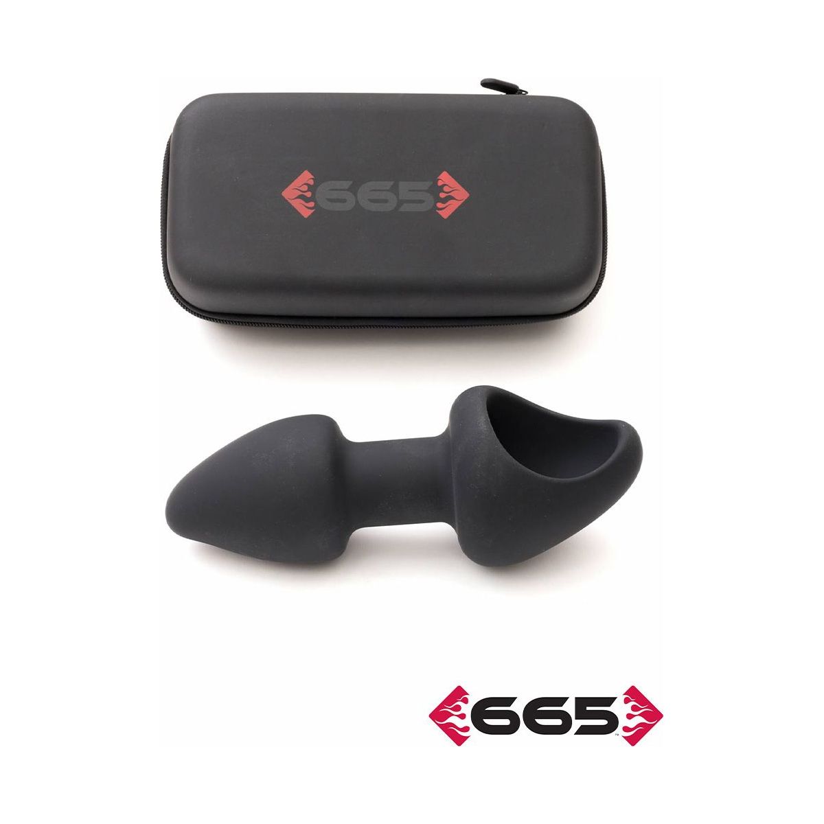 Black silicone double sided anal plug with carrying case on a white background, featuring the 665 brand.