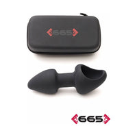 Black silicone double sided anal plug with carrying case on a white background, featuring the 665 brand.