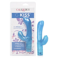 blue vibrator with clit and g spot curve in plastic package