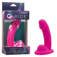 penis shaped vibrator, with bottom base grinder, in pink, beside packaging