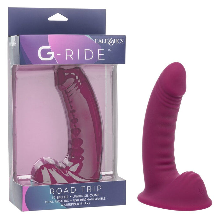 Purple G-Ride vibrator with packaging on a white background