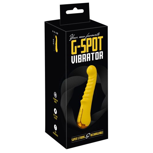 yellow g-spot vibrator with ridges, on box packaging on white back ground