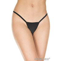 A close-up of a model's lower torso wearing black thong-style underwear with thin side straps and a small front center panel, photographed against a white background. The words MUSIC LEGS appear at the bottom right.