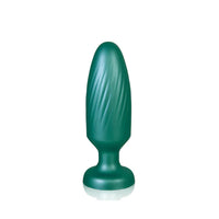 metallic green g stuck silicone anal plug on white background