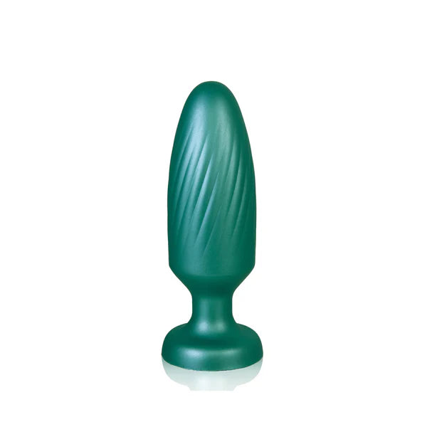 metallic green g stuck silicone anal plug on white background