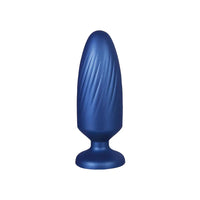 g stuck blue metallic anal plug on white background
