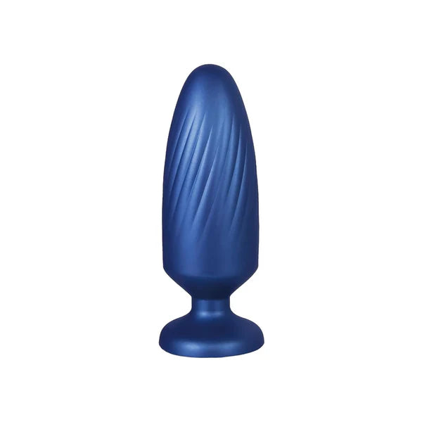 g stuck blue metallic anal plug on white background