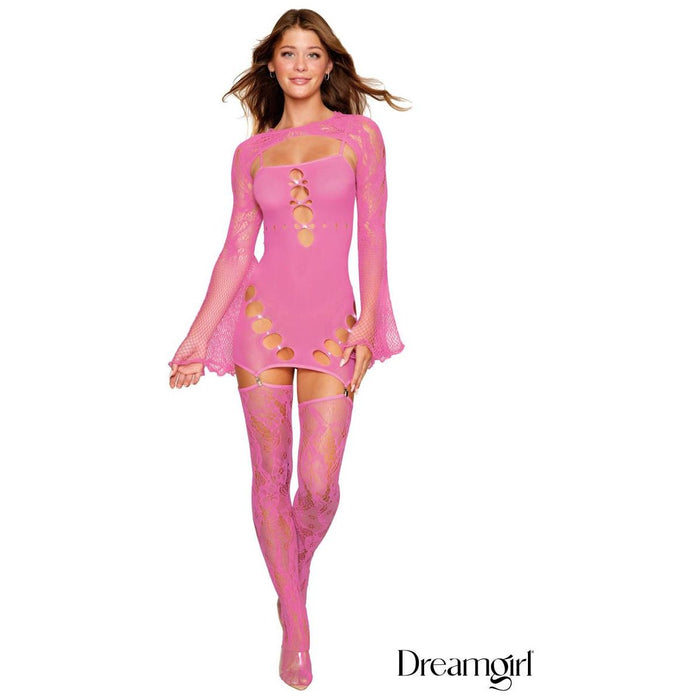 pink long sleeve open chest with holes, and attached garter dress