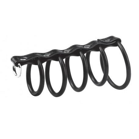 5 black silicone type rings attached by a black leather like type of material. At the end of the material is a 6th smaller silver ring 
