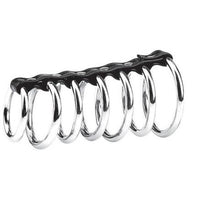 seven silver rings attached with a black leather like material 