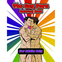 The cover of 'The Gay Porn Coloring Book' featuring two male figures in an intimate embrace, with a colorful radiant background. The text indicates it's for adults only.