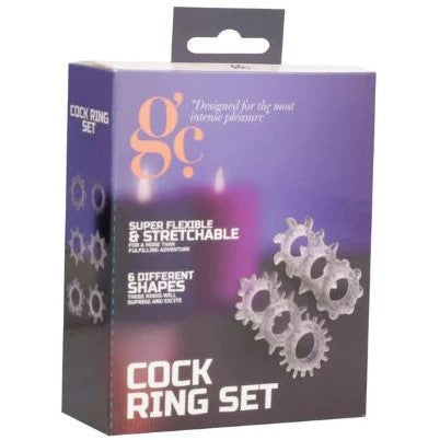 gc box package with clear 6 piece stretchy cock rings