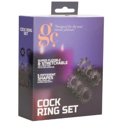 gc box package with black 6 piece  stretchy cock rings