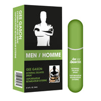 Green external delayed spray for men by Gee Gason with packaging and product on a white background