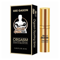 Gee Gason Orgasm Squirting Spray packaging with gold spray bottle on a white background