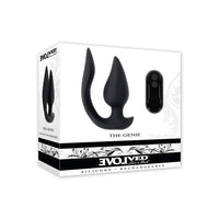 Box of 'The Genie' silicone vibrating anal plug by Evolved on a white background