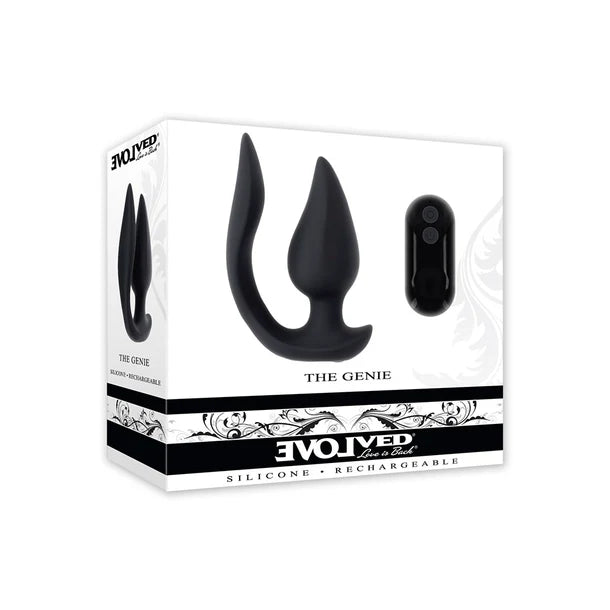 Box of 'The Genie' silicone vibrating anal plug by Evolved on a white background