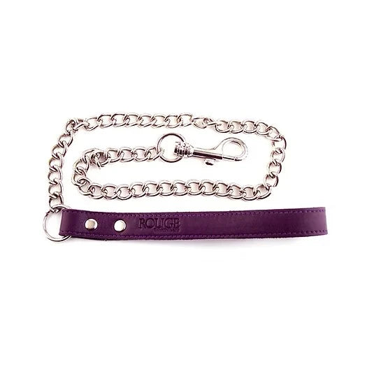 Purple leather leash with silver chain on a white background