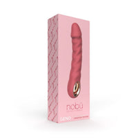 Pink retail packaging box for a textured vibrator product, showing a pink ribbed dildo graphic and the brand name nobú on a clean white background.