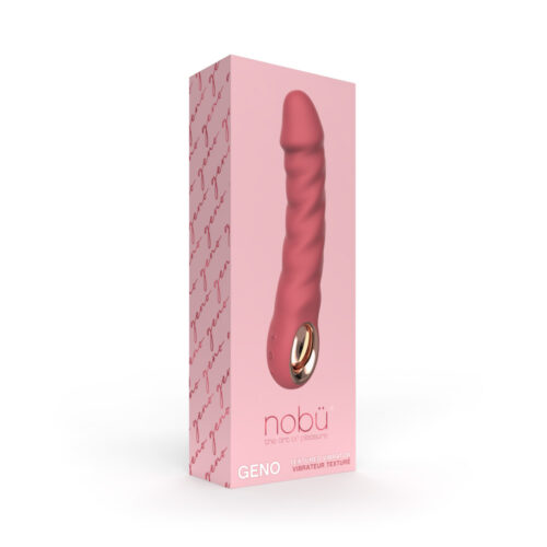 Pink retail packaging box for a textured vibrator product, showing a pink ribbed dildo graphic and the brand name nobú on a clean white background.