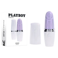 mini purple shaped vibrator with white handle, with white playboy case for top standing beside display box