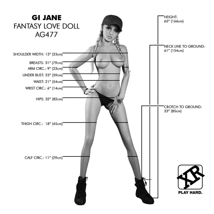 Measurement chart of a fantasy love doll labeled 'GI Jane' with dimensions and branding.