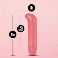 pink seek vibrator with curved head, 4.5" full heigh, 3.25 insertable, 1.1" wide from thickest point