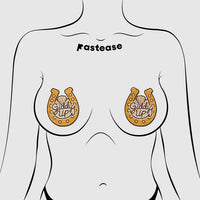 Illustration of a torso with 'giddy Up' pasties designs on the chest