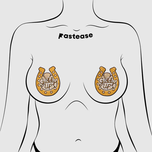 Illustration of a torso with 'giddy Up' pasties designs on the chest