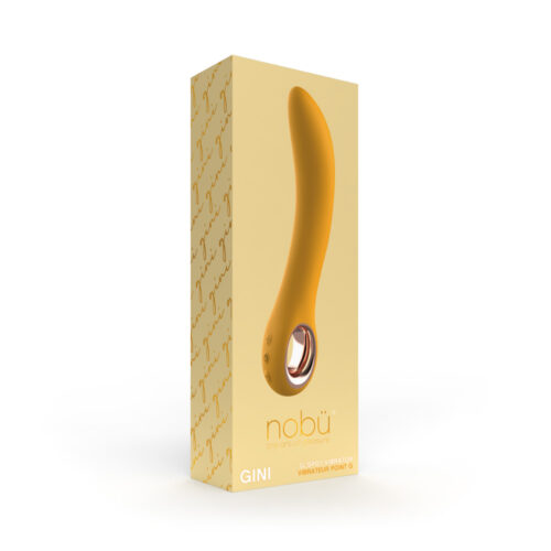 The retail packaging box for the nobü GINI Sensual Stimulator, featuring a golden-yellow curved wand design printed on the front, set against a clean white background.