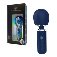 Blue handheld wand with packaging labeled 'Wellness Essentials' on a white background