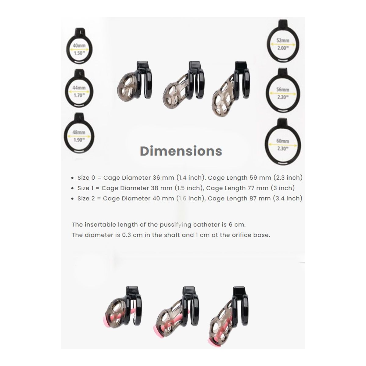Product dimensions chart with various sizes of a chastity cock cage on a white background