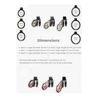 Product dimensions chart with various sizes of a chastity cock cage on a white background
