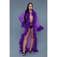 floor lenth robe with feather boa trim on wrists and entire outfit in purple