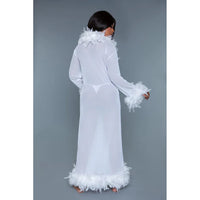 floor lenth robe with feather boa trim on wrists and entire outfit in white back view