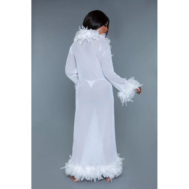 floor lenth robe with feather boa trim on wrists and entire outfit in white back view