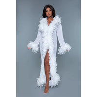 floor lenth robe with feather boa trim on wrists and entire outfit in white
