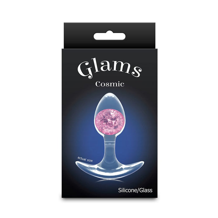 Glam's Cosmic product packaging with pink gem and clear base on a black background