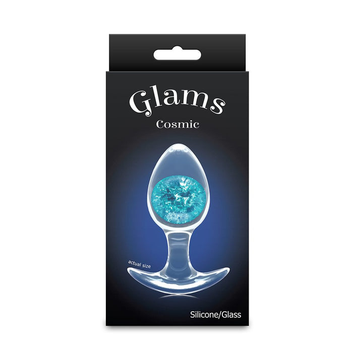 Glam's Cosmic glass anal plug in blue packaging with a blue glittery object on a black background