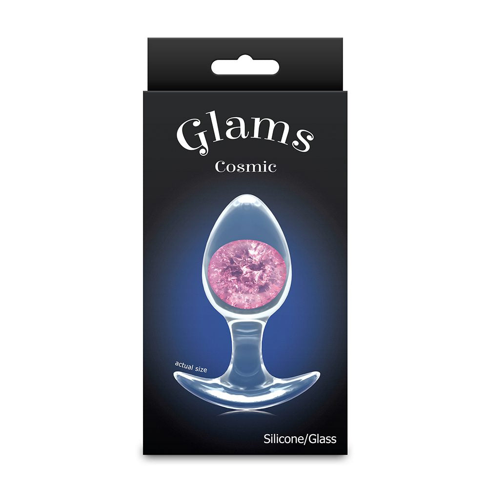 Glam's Cosmic glass anal plug in pink packaging with a clear silicone and glass item on a black background.