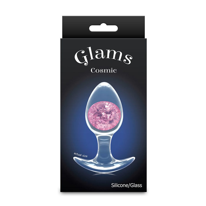 Glam's Cosmic glass anal plug in pink packaging with a clear silicone and glass item on a black background.