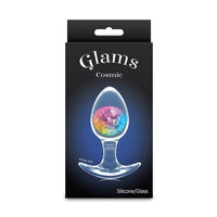Glam's Cosmic glass anal plug in rainbow packaging with a colorful design on a black background