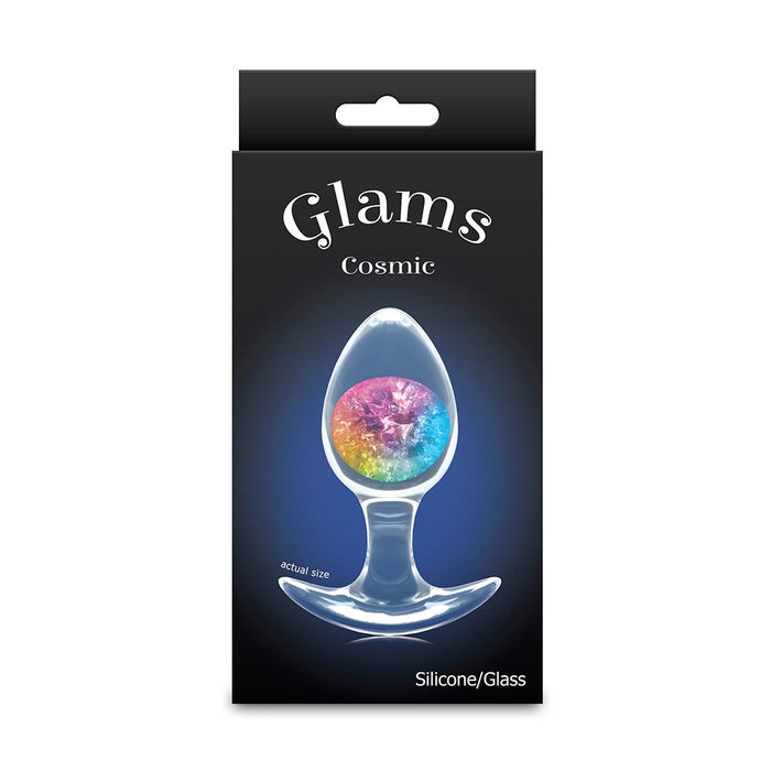 Glam's Cosmic glass anal plug in rainbow packaging with a colorful design on a black background