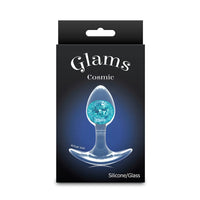Glam's Cosmic product packaging with a clear silicone/glass item on a black background