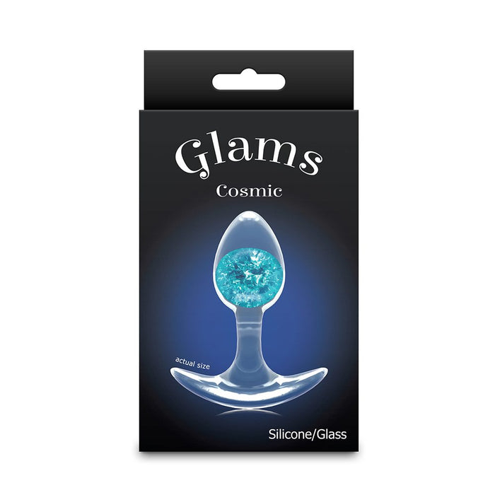 Glam's Cosmic product packaging with a clear silicone/glass item on a black background