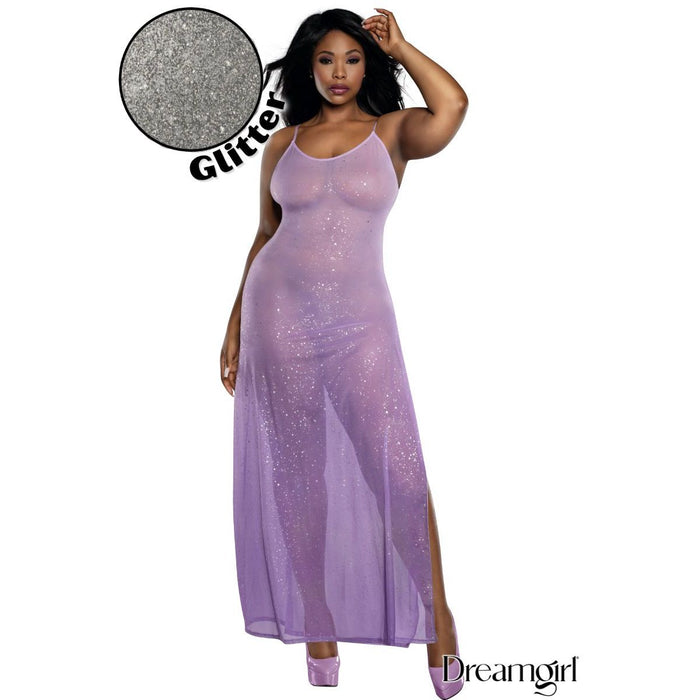 Woman wearing a purple glittery dress with 'Dreamgirl' branding.