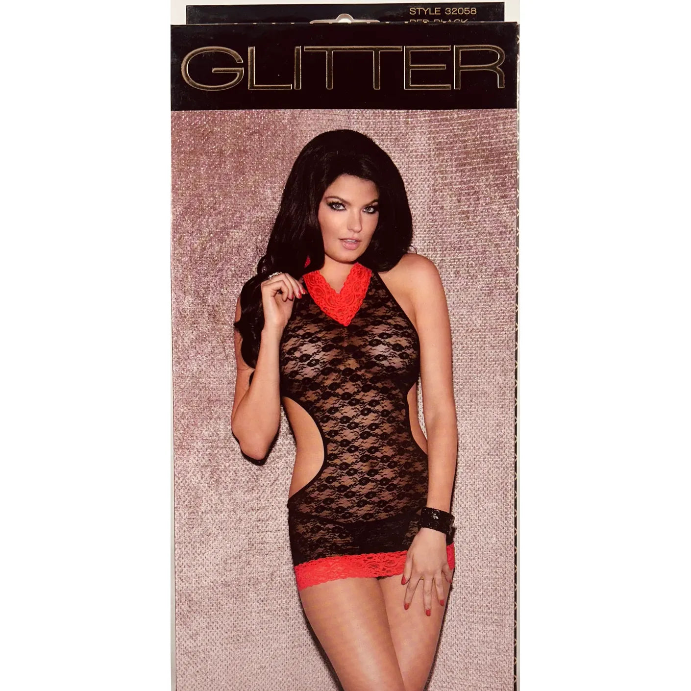 Lace lingerie set with red accents on a Glitter packaging background