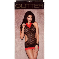 Lace lingerie set with red accents on a Glitter packaging background